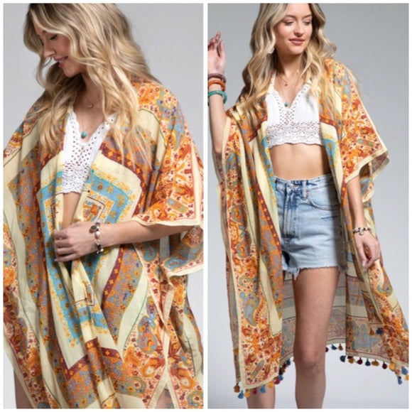 Old Delhi Mandala Flower Paisley Bohemian Floral Kimono Open Casual Wrap Coverup