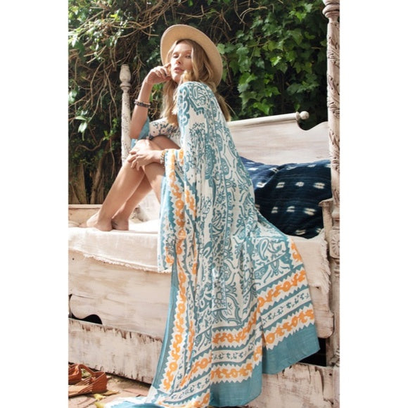 Tribal Road Damask Boho Bohemian Motif Angel Sleeve Kimono Duster Coverup Wrap