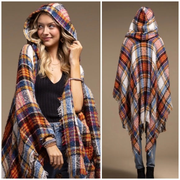 Vin Chaud Knit Plaid Hooded Hoodie Open Fringe Ruana Wrap Fall Winter Casual