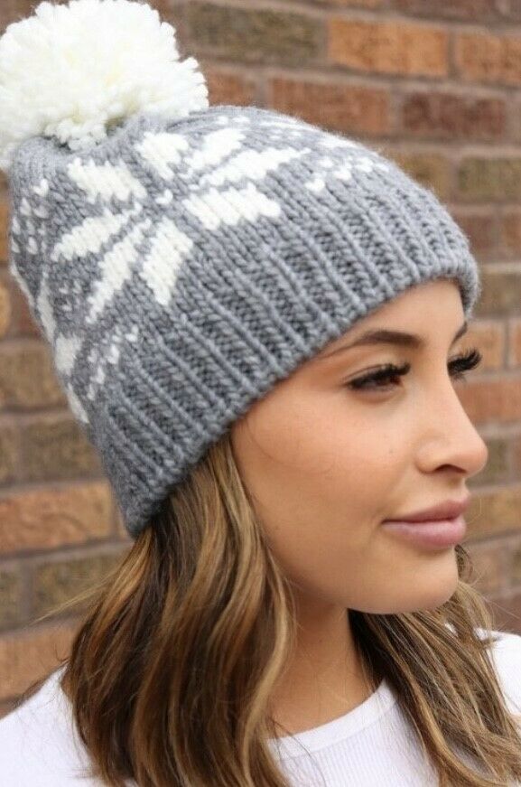 Gray Snowflake Fleece Lined Knit Pompom Beanie Winter Womens