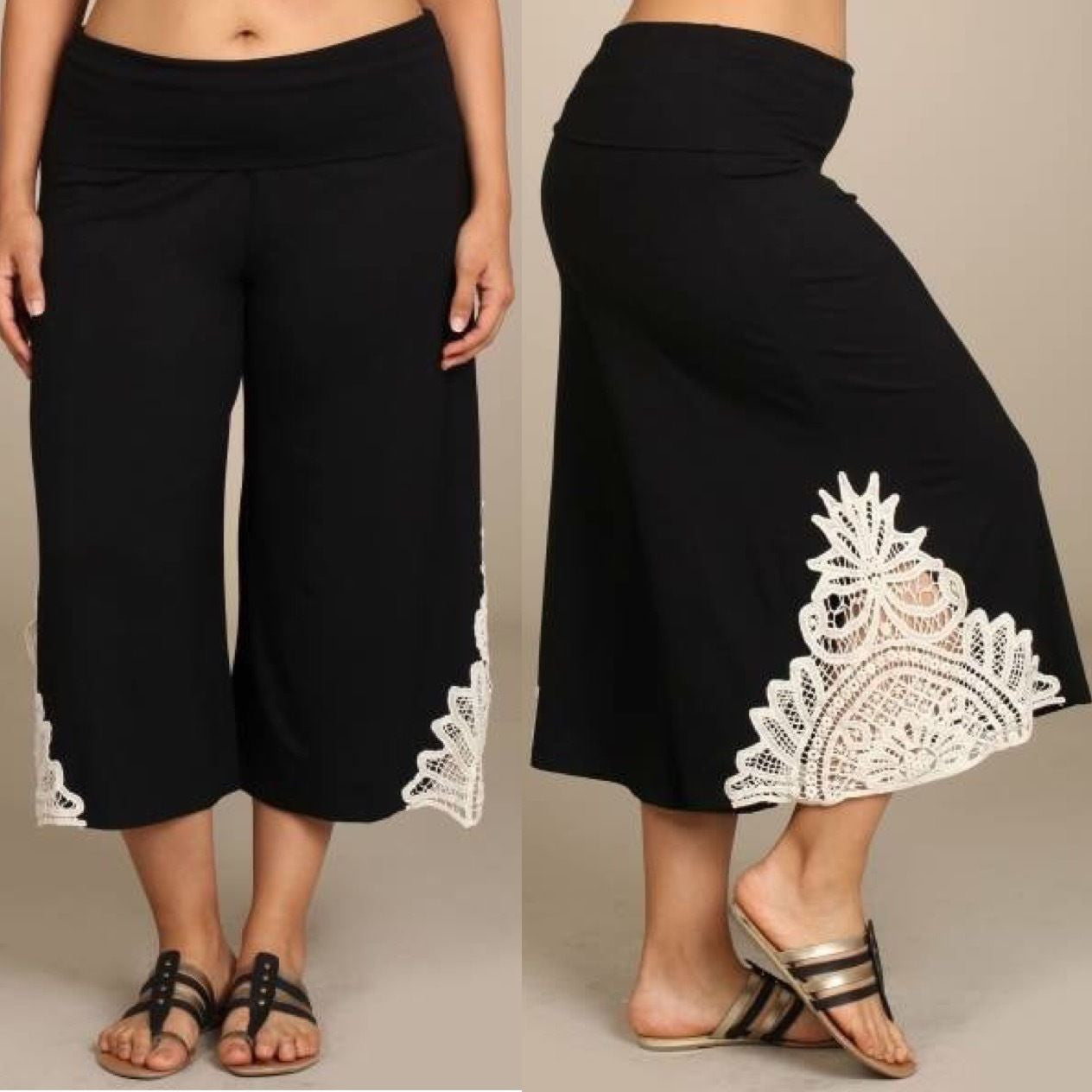 Pant Gaucho High Waist S M L Crochet Black Capri Wide Bohemian Culottes