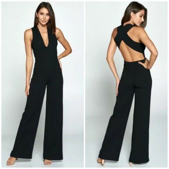 Black Sexy Plunge Open X Back Techno Crepe Sleeveless Wide Leg Womens Jumpsuit