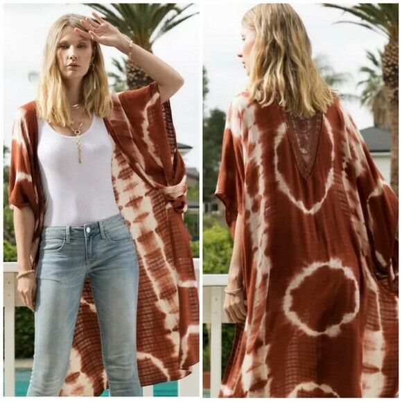 Burnt Orange Bohemian Tie Dye Crochet Accent Kimono Wrap Coverup One Size