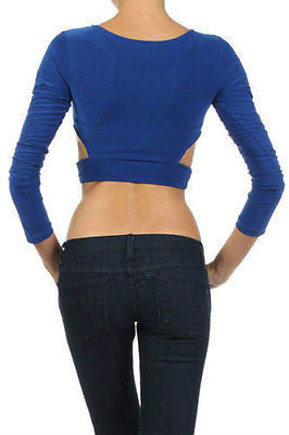 Top Midriff Crop Cut Outs Exposed Solid Blue Red Long Sleeve Sexy Hot