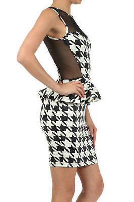 Houndstooth Dress Cocktail Peplum Ruffle Sheer Mesh Sleeveless Mini Party