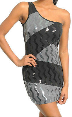 One Shoulder Dress Mini Sequin Shiny Metallic Zig Zag Black Gray Sexy