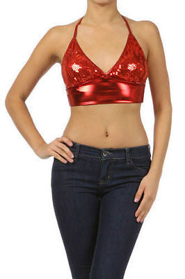 Womens Crop Top Sequin Shiny Metallic Lame Sparkling Sexy Club