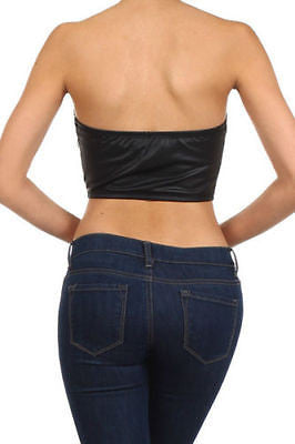 Faux Leather Crop Bustier Strapless Zipper Club Sexy Sweetheart