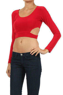 Top Midriff Crop Cut Outs Exposed Solid Blue Red Long Sleeve Sexy Hot