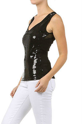 Top Sequin Sparkling Black Mesh Keyhole Sexy Club Tank Blouse Metallic