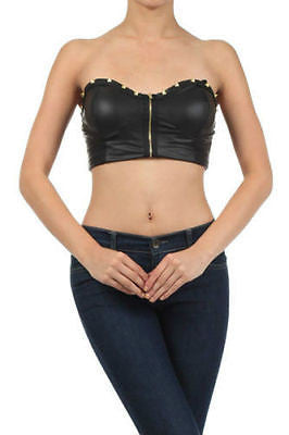 Bandeau Top Metallic Studded Faux Leather Black Silver Zipper Top Sexy