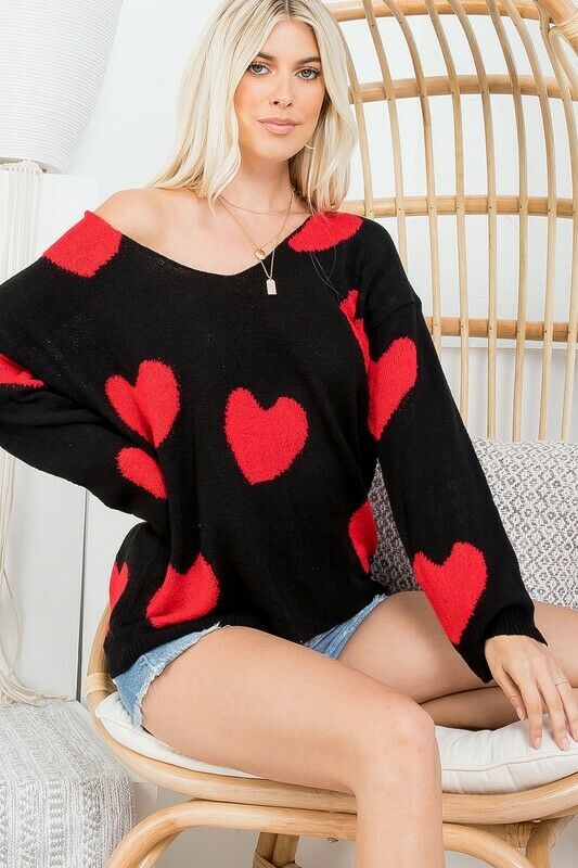 Black Red Multi Heart Knit V-Neck Valentines Day Long Sleeve Relaxed Sweater