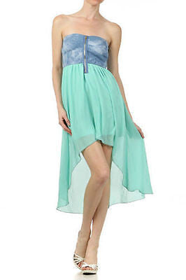 Dress Denim Chiffon Strapless 2 in 1 High Low Hemline Sweetheart Neckline