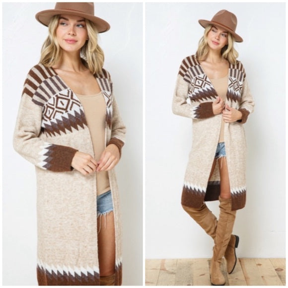 Taupe & Brown Aztec Tribal Western Boho Long Open Knit Cardigan Casual Sweater