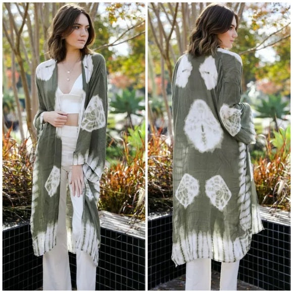 Olive Tie Dye Kimono Duster Wrap Coverup Casual Womens