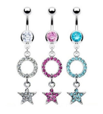 Cubic Zirconia Gem Pave Round Hoop Star Dangle Navel Ring