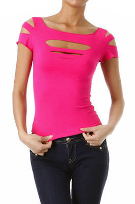 Short Sleeve Top Solid Slashed Laser Cut Keyhole Stretchy Tight Club