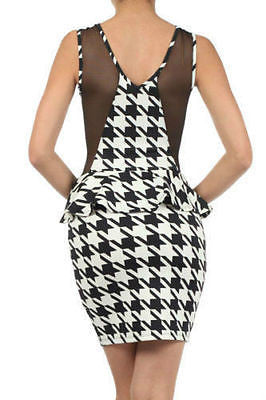 Houndstooth Dress Cocktail Peplum Ruffle Sheer Mesh Sleeveless Mini Party