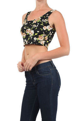 Crop Top Floral Beige Pink Shirt Scoop Neckline Belly Knit Stretch