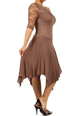 Plus Dress Lace Sweetheart Sexy Solid 3/4 Sleeve Asymmetrical Mocha