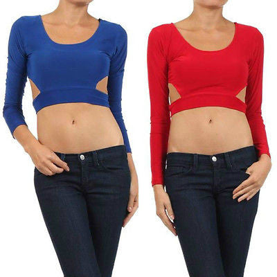 Top Midriff Crop Cut Outs Exposed Solid Blue Red Long Sleeve Sexy Hot