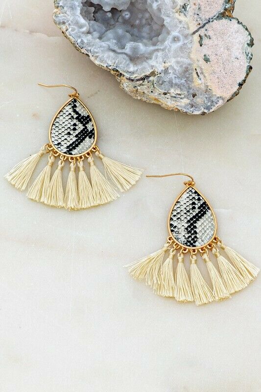 Gold Cream Snake Print Teardrop Casting Tassel Earrings