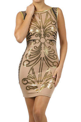 Woman Dress Bodycon Ornate Metallic Print Low Back Stretch Sleeveless