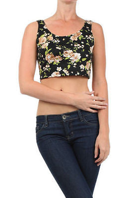 Crop Top Floral Beige Pink Shirt Scoop Neckline Belly Knit Stretch