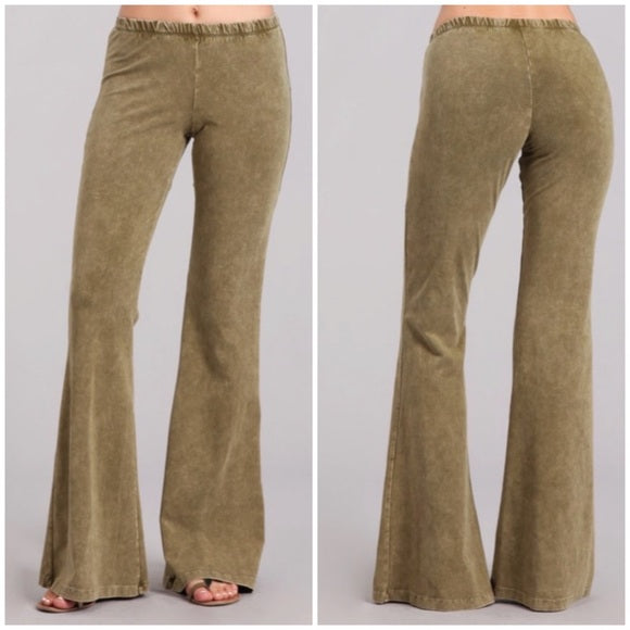 Light Olive Boho Mineral Wash Flared Bell Bottom Stretch Pull On Pants Womens