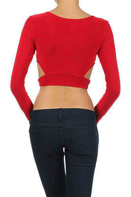 Top Midriff Crop Cut Outs Exposed Solid Blue Red Long Sleeve Sexy Hot