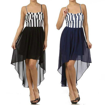 Dress Striped Chiffon Hi Low Hem 2 IN 1 Casual Sheer Sweetheart Neckline