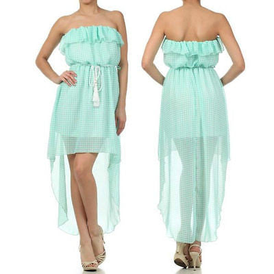 Dress Sheer Chiffon Hi Low Hem Checkered Flounce Strapless Summer Mint