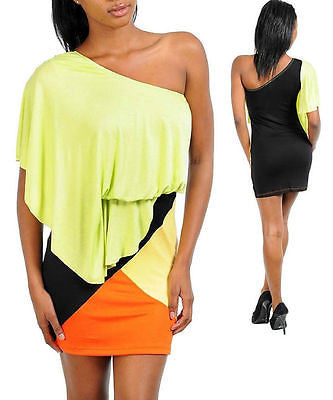 Dress Sexy Casual Club Lime Green One Shoulder Draped Color Block Mini