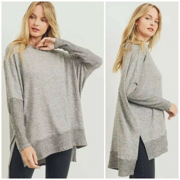 Heather Gray Brushed Soft Knit Boxy Fit Side Slit Long Sleeve Tunic Top Womens