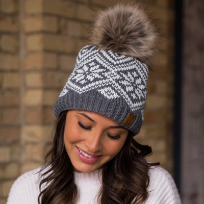 Gray Snowflake Fleece Lined Knit Pompom Beanie Winter Womens