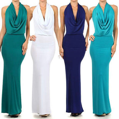 Dress Gown Formal Cocktail Halter Drape Cowl Maxi Solid Low Back Sexy