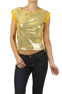 Sequin Gold Top Chiffon Trim See Thru Back Tie Cap Sleeve Club Blouse