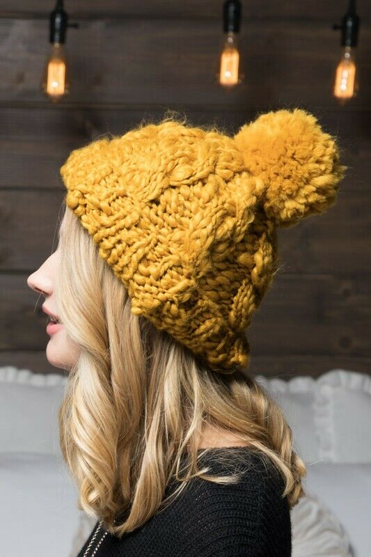 Mustard Hand Knit Chunky Cable Beanie Winter Pompom Hat Womens