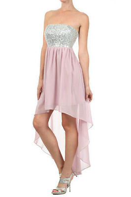 Dress Cocktail Hi Low Hem Sheer Chiffon Strapless Sequin Silver Party