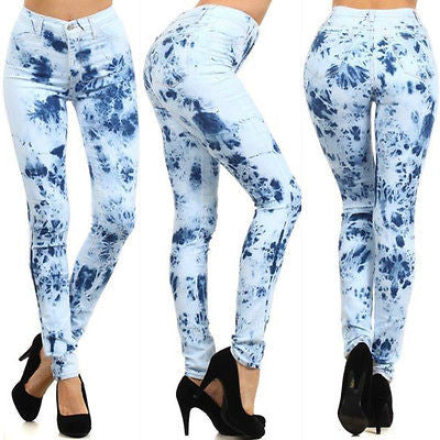 Jeans High Waist Tie Dye Light Dark Blue Denim Pants Skinny Stretch New