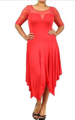 Plus Dress Size 3/4 Lace Sleeve Asymmetrical Sexy Women New Casual