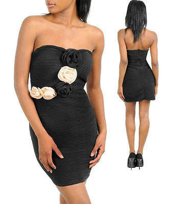 Dress Cocktail Mini Black Rose Rosette Strapless Formal Textured Ribbed