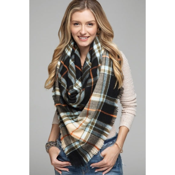 Black Multi Color Tartan Plaid Soft Brushed Women's Winter Casual Fall Scarf