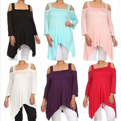 Plus Top Cold Open Shoulder Size Solid Asymmetrical Tunic Women Sexy