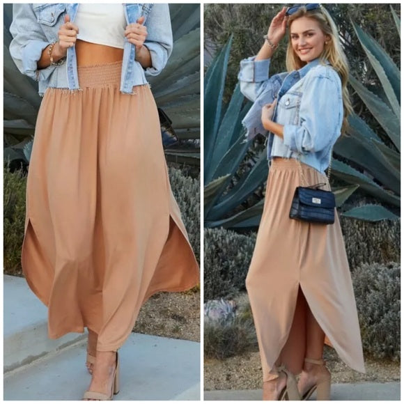 Camel Smocked Waist Side Slit Pocket Maxi Skirt Casual Womens