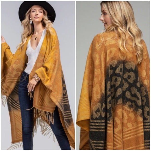 Tuscan Animal Print Color Block Knit Ruana Tassel Fall Winter Casual Wrap