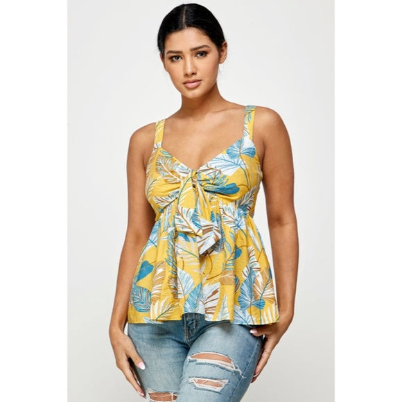 Honey Yellow Blue Tropical Floral Knotted Cami Babydoll Summer Vacation Tank Top