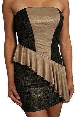 Womens Peplum Ruffle Mini Dress Sexy Gold Black Shimmer Strapless