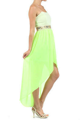 Dress Hi Lo Hem Neon Duo Tone Strapless Chiffon Sequin Beaded Cocktail