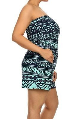 Romper Plus Mint Aztec Tribal Strapless Print New Casual Summer Orange